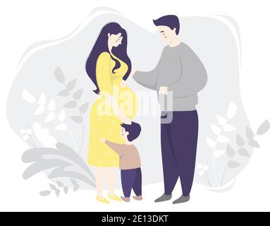 Maternità. Donna incinta felice in piena crescita in un vestito giallo, delicatamente la sua pancia. Accanto a lei c'è la famiglia - figlio e marito. Decorativo grigio Illustrazione Vettoriale