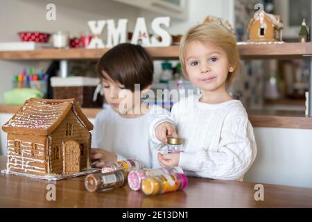 Bambini, ragazzi, decorando casa fatta zenzero pane casa a casa con caramelle Foto Stock