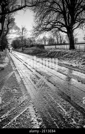 L'uomo e il suo cane camminano lungo una strada di campagna di scongelamento della neve. Foto Stock