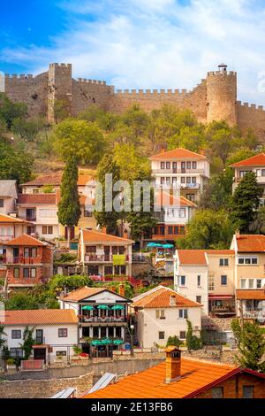 Ohrid, nord Macedonia città vista aerea e fortezza di Tzar Samuel Foto Stock