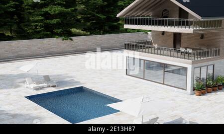 Casa privata di lusso con piscina circondata da rosso Abete Alberi Foto Stock