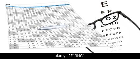 Kalender mit Sehtest und Brille, Terminvergabe
