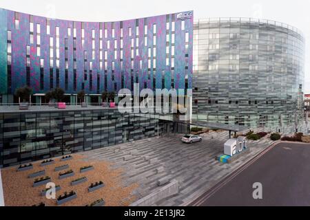 Vista grandangolare dell'Aloft Hotel, Excel, London, Docklands Foto Stock