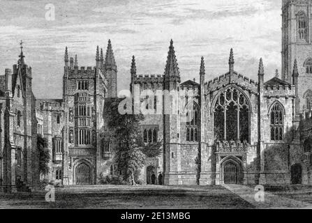 Il fronte ovest del Magdalen College, Oxford, di John le Keux 1837 vecchia stampa. Foto Stock