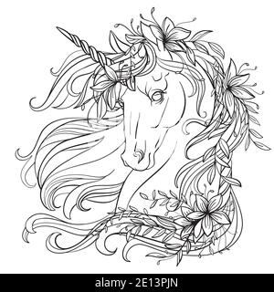 Disegno unicorno isolato con fiori nella sua lunga manne. Modello a groviglio per libro da colorare, tatuaggio, t-shirt, logo, segno. Illustratio stilizzato Illustrazione Vettoriale