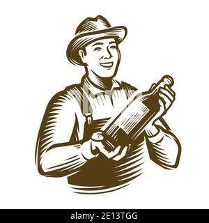 Agricoltore con una bottiglia in mano. Disegnare un'illustrazione vettoriale vintage Illustrazione Vettoriale