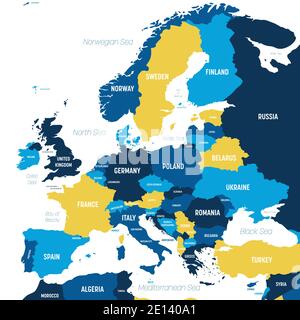 Mappa europea - marrone arancione colorato su sfondo scuro. Mappa politica dettagliata del continente europeo con etichettatura dei nomi di paesi, oceani e mari. Illustrazione Vettoriale