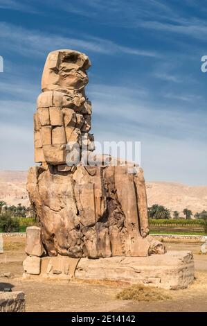 Questo è il sito archeologico del 1350 a.C. presso i Colossi di Memnone dell'Antico Egitto, non lontano dal fiume Nilo e dalla città di Luxor precedentemente conosciuta come Tebe. Le statue sono del faraone Amenhotep III, ci sono due statue più piccole ai suoi piedi, una è sua madre, l'altra sua moglie. Inizialmente costruiti per proteggere l'ingresso al tempio di Amenotep contro il male, sono stati anche visti per proteggere la riva occidentale del Nilo. I Colossi hanno sofferto di gravi danni sismici, ma dopo 3500 anni rimangono in piedi. Foto Stock