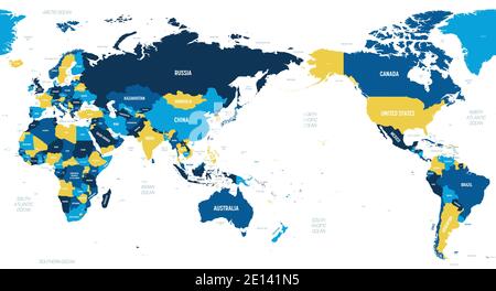 Mappa del mondo - Asia, Australia e Oceano Pacifico centrati. Tonalità arancio marrone colorata su sfondo scuro. Mappa politica dettagliata del mondo con l'etichettatura dei nomi di paesi, oceani e mari. Illustrazione Vettoriale