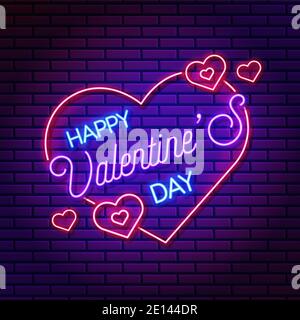 Banner al neon valentines day, banner vettoriale con cuori, simbolo d'amore. Banner quadrato adatto per i social media Illustrazione Vettoriale