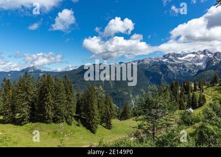 Vista dal Sonnenalm al ghiacciaio Dachstein, alta Austria, Austria, Europa Foto Stock