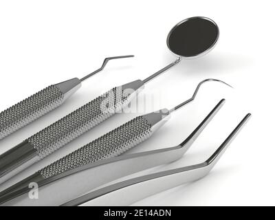 rappresentazione 3d di strumenti diagnostici dentali su sfondo bianco Foto Stock