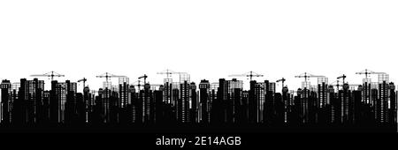 Città edificio paesaggio. Silhouette grattacieli neri in costruzione con gru su sfondo bianco. Illustrazione Vettoriale