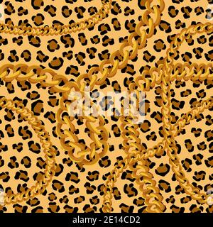 Pelle Panther con motivo senza cuciture con catene dorate. Spot gialli Puma con schema jaguar nero. Illustrazione Vettoriale