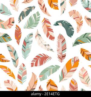 Piume colorate e brillanti motivo senza cuciture. Struttura etnica boho in colori pastello. Sfondo chiaro. Illustrazione vettoriale. Ideale per il tessile, stampa Illustrazione Vettoriale