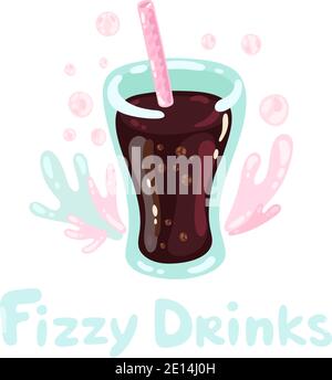 Soda dolce in vetro con bolle. Kawaii isolato su bianco doodle illustrazione vettoriale. Titolo bevande frizzanti. Deliziosa bevanda da portare all'americana marrone. Cola Illustrazione Vettoriale