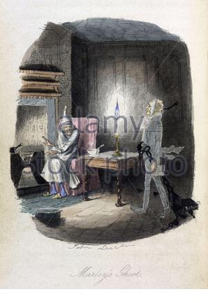 Il fantasma di Jacob Marley visita Ebenezer Scrooge, dalla novella UN canto di Natale di Charles Dickens, illustrazione a colori vintage del 1843 Foto Stock