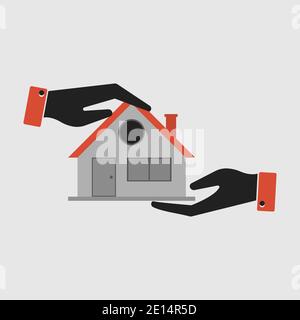 Le mani tengono la casa. Concetto di bene immobile. Illustrazione piatta. Isolato. Illustrazione Vettoriale