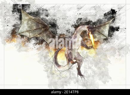 Schizzo artistico digitale, basato SU un'illustrazione 3D autogestita di un drago, rilascio modello o rilascio proprietà non richiesto. Foto Stock