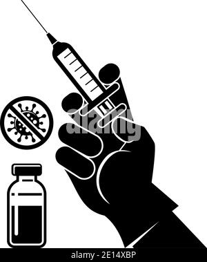 La mano del medico in un guanto medico con una siringa per iniezione. Concetto di vaccinazione con il vaccino del coronavirus. Icona vettore su sfondo trasparente Illustrazione Vettoriale