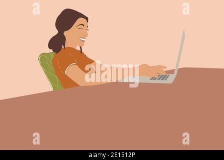 Donna che lavora su un computer portatile a casa. Illustrazione vettoriale in toni pastello Illustrazione Vettoriale