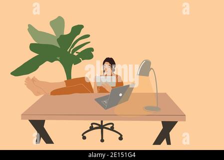 Donna che lavora da casa su un tablet digitale a casa. Illustrazione vettoriale in toni pastello Illustrazione Vettoriale