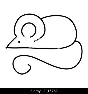 Cartoon mouse, grandi orecchie e coda a spirale, contorno mouse mano disegnata doodle vettore illustrazione Illustrazione Vettoriale