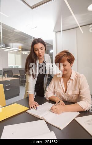Immagine verticale di due donne d'affari che lavorano insieme nella sala riunioni Foto Stock