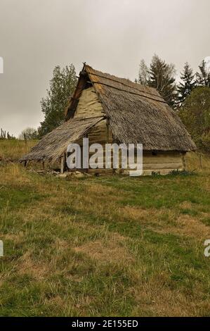 Wohnhaus, Frühmittelalterlich, Wohnhaus einer Frühmittelalterlichen Burg, Historischer Nachbau Kuria Wittig, bei Kratzau, Nordböhmen, Tschechische Rep Foto Stock