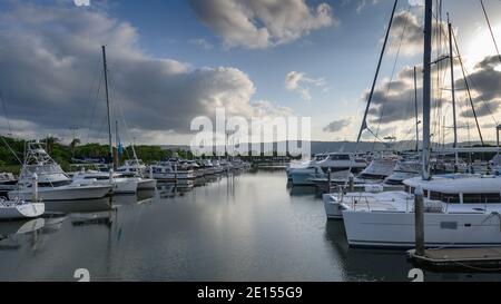 Barche a marina, Crystalbrook Superyacht Marina, Port Douglas, Queensland, Australia Foto Stock