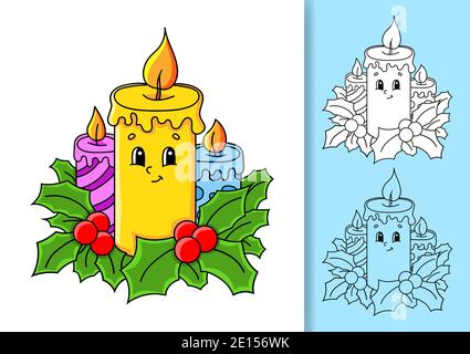 Candele brucianti di Natale decorate con foglie aggraziate. Serie di illustrazioni vettoriali isolate su sfondo bianco e colorato. Elemento di progettazione. Str. Nero Illustrazione Vettoriale
