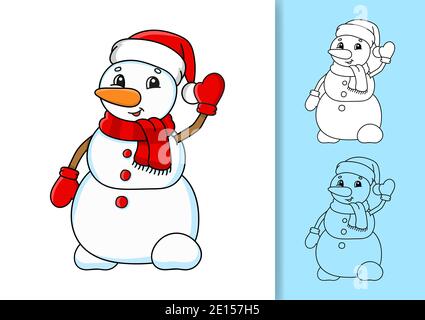 Pupazzo di neve di Natale in un cappello e sciarpa ondeggiando. Serie di illustrazioni vettoriali isolate su sfondo bianco e colorato. Elemento di progettazione. Tratto nero. Carto Illustrazione Vettoriale