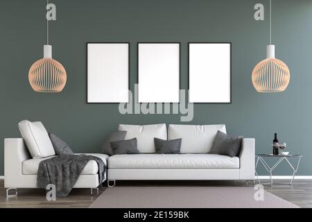 Moderno appartamento in stile loft con ampie vetrate. Divano e tavolino davanti alla parete verde con tre cornici mockup. 3d ren Foto Stock