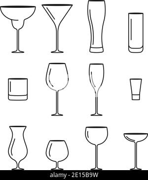 Set di diversi tipi di bevande alcoliche come cocktail, vino, birra e molto altro in vettoriale Illustrazione Vettoriale