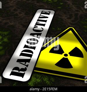 Inquinamento da radiazioni. Sul terreno pericoloso è presente un segnale giallo di pericolo radioattivo con il tavolo ETICHETTATO RADIOATTIVO. Illustrazione 3D Foto Stock