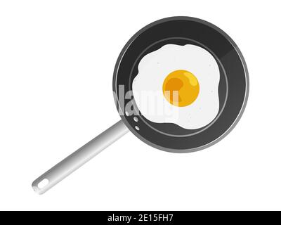 Padella nera con uova fritte su sfondo bianco. Illustrazione vettoriale. Illustrazione Vettoriale