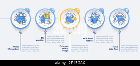 Modello infografico per le vacanze invernali. Vacanza sci, presentazione festival neve elementi di design. Visualizzazione dei dati con 5 fasi. Grafico cronologico del processo Illustrazione Vettoriale