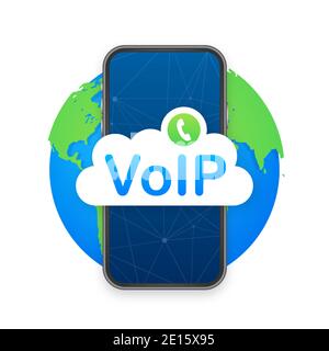 La tecnologia VoIP, Voice over IP. Chiamate internet banner. Illustrazione Vettoriale. Illustrazione Vettoriale