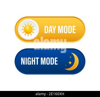 Pulsante con modalità notturna su sfondo scuro. Progettazione dell'interfaccia utente. Tema scuro. Concetto di progettazione dell'interfaccia app. Illustrazione Vettoriale
