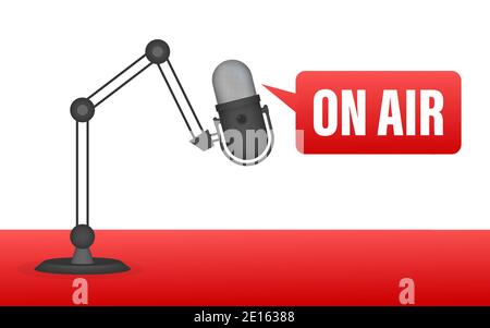 Icona podcast come in tempo reale. Podcast. Badge, icona, timbro, logo. Trasmissione o streaming radio. Illustrazione vettoriale. Illustrazione Vettoriale