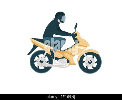 Vista laterale di uomo che cavalcano giallo moderno moto cartoon disegno carattere piatto vettore illustrazione isolato su sfondo bianco. Illustrazione Vettoriale