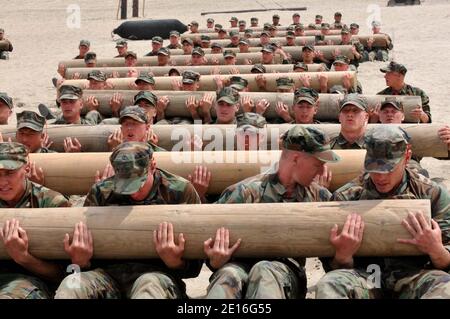 I candidati della prima fase Basic Underwater Demolition/Seals (BUD/S) utilizzano il lavoro di squadra per eseguire esercizi di allenamento fisico con un log di 600 sterline presso la base navale anfibia Coronado. Log esercizi di formazione fisica sono una delle molte evoluzioni fisicamente impegnative che fanno parte della prima fase di formazione a BUD/S. Le tenute della Marina sono la componente marittima delle forze di operazioni speciali degli Stati Uniti e sono addestrate a condurre una varietà di operazioni dal mare, aria e terra. Foto di USN/ABACAPRESS.COM Foto Stock