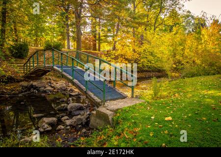 Autunno colore paesaggio. Piccolo ponte pedonale su un torrente circondato da un vivace fogliame autunnale in un piccolo parco della contea di Jackson County, Michigan. Foto Stock