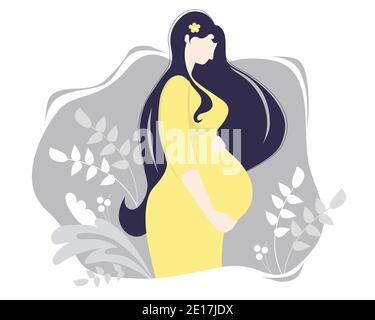 Maternità. Donna incinta felice. In un vestito giallo, si alza abbracciando il ventre su uno sfondo grigio con un arredamento di rami e piante. Vettore Illustrazione Vettoriale
