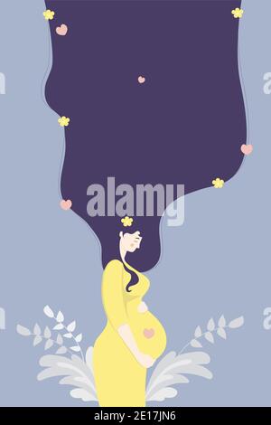 Maternità. Donna incinta felice in un vestito giallo, tenera abbracciando il ventre con le mani, su uno sfondo con un arredamento di piante e fiori Illustrazione Vettoriale
