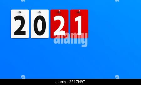 Piastre 2021 su parete blu, rappresenta il nuovo anno 2021, rendering tridimensionale, illustrazione 3D Foto Stock