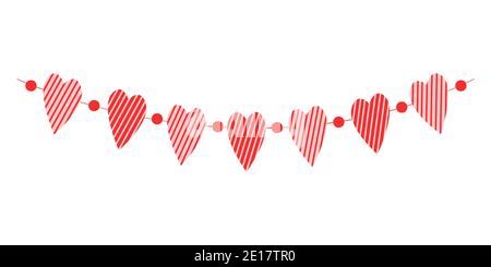 Cuore ghirlanda. Cuori a strisce appesi alla corda. Bunting per festa di San Valentino, matrimonio, appuntamento romantico. Decorazione per striscioni, biglietti d'auguri e inviti. Illustrazione vettoriale. Illustrazione Vettoriale