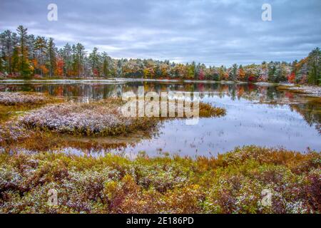 Panorama autunnale del Michigan. La prima neve e i vivaci colori autunnali in un piccolo lago selvaggio nel Tahquamenon Falls state Park, nella penisola superiore. Foto Stock