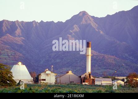 Waialua Sugar Mill with Mount Ka'ala in background Stock Photo