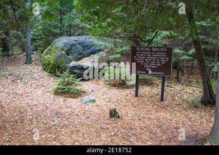 Massiccio antico masso glaciale di Engadina Dolomiti vicino alla costa del lago Michigan nel Wilderness state Park. Foto Stock